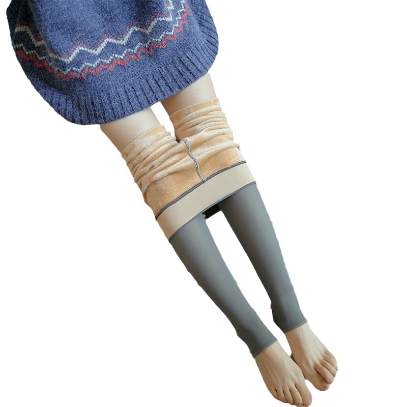 Autumn and Winter New fleece-lined Thickened Skin-transparent Leggings Women's plus size Stewardess Grey Fake Meat Warm Outer Wear Cross-border Integrated