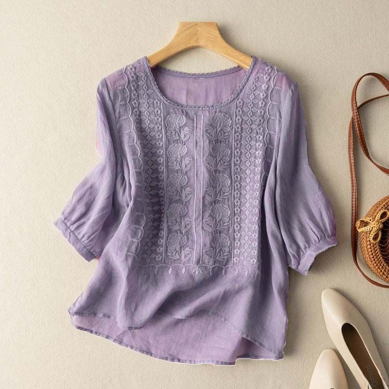 Summer Thin Embroidered Top Women's Artistic Retro Breathable Cotton and Linen Short-sleeved T-shirt Round Collar