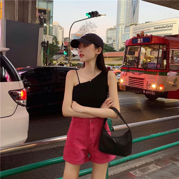 Hyuna style camisole women's outer wear spring and summer new sexy side off-shoulder solid color short knitted sweater top