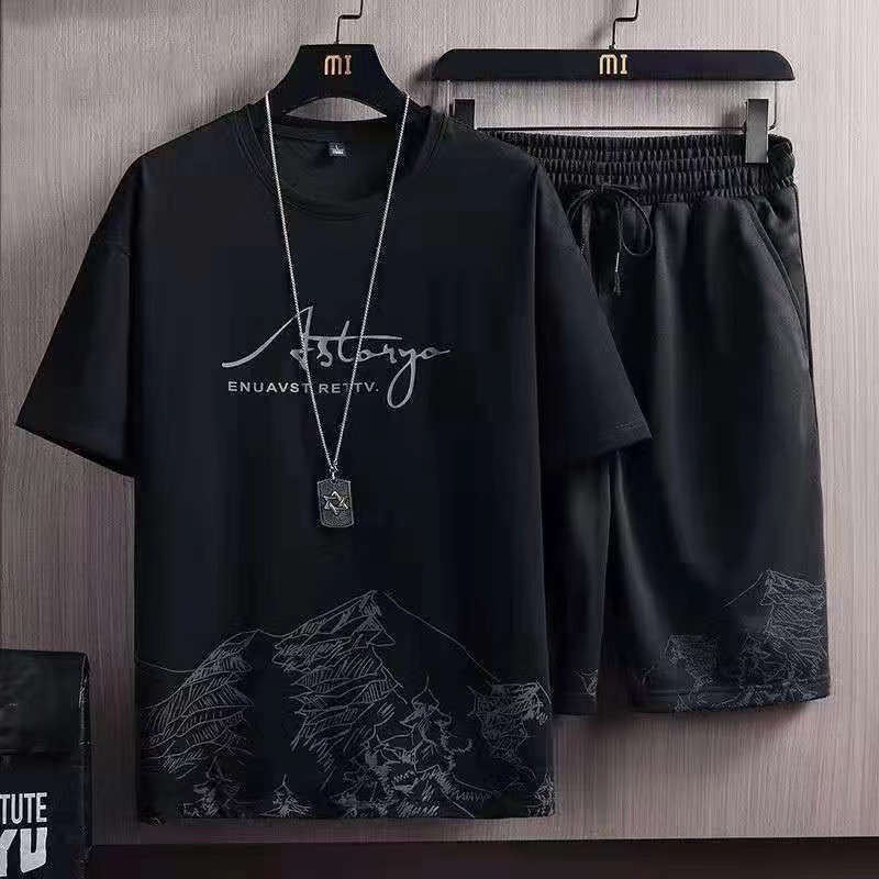 Summer new casual fashion suit men and teenagers snow mountain trend loose short sleeve shorts two pieces sports suit