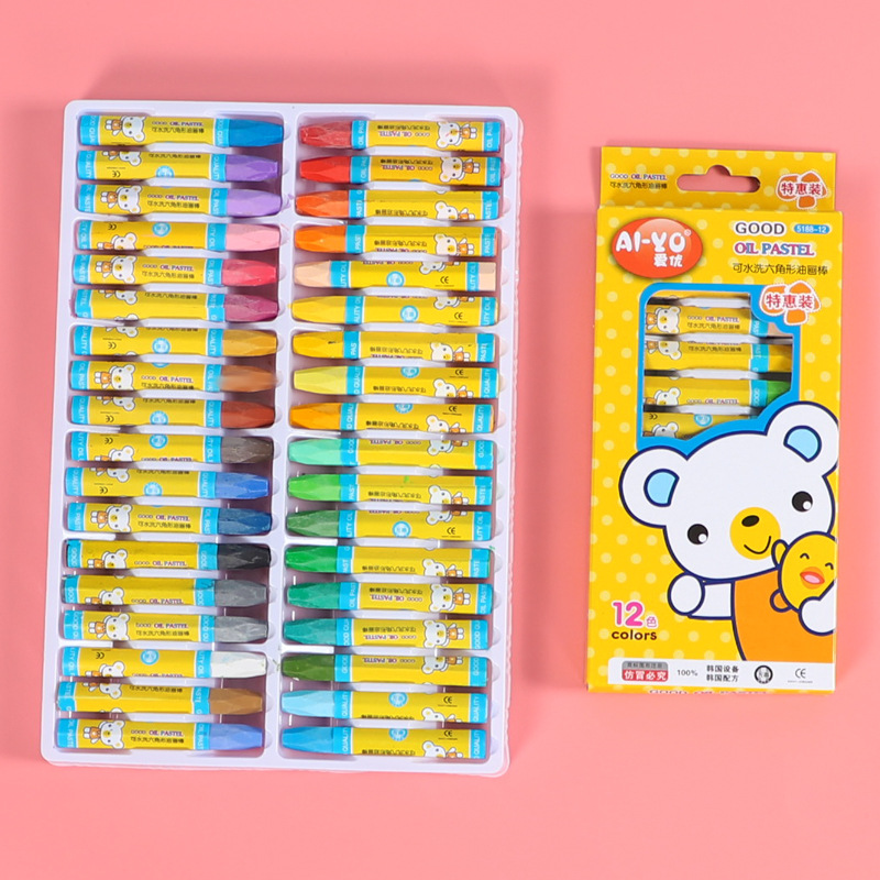 Cartoon color 12 color oil painting stick six angle painting brush graffiti crayon oil chalk children's art supplies stationery