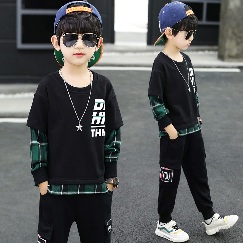 Children's Wear Boys Autumn Fake Two-piece Sweaters Set 2024 New Korean Style Spring and Autumn Western Style Two-piece Set