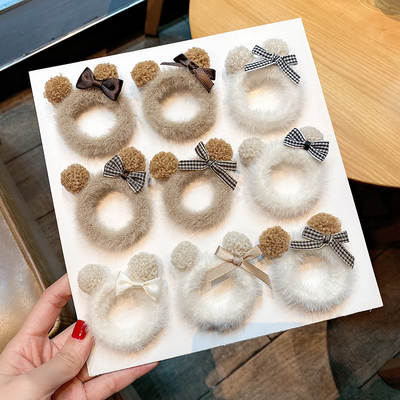 Teddy fur ball Mickey towel ring head rope Korean bow Plush Hair ring tie hair rubber band hair accessories wholesale