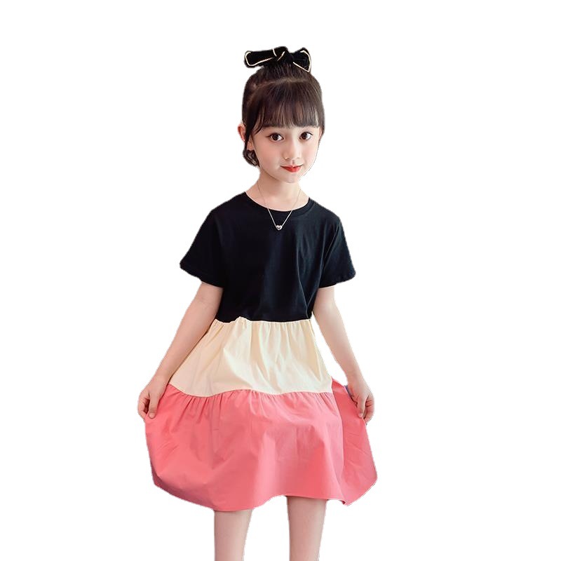 2023 New Summer Girls Dress Splicing Skirt Big Children Summer Western Style Fairy Short Sleeve Girl Princess Dress Trendy