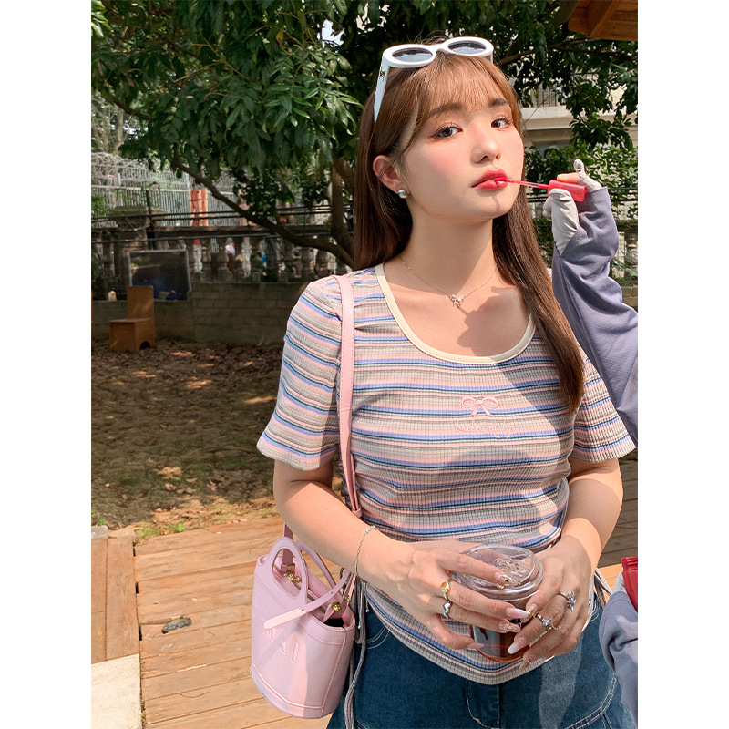 Butterfly Embroidered Striped Short T-shirt Plump Girl Large Size Niche Design Sense Sweet Spice Girl Strap Short Sleeve Top 62629