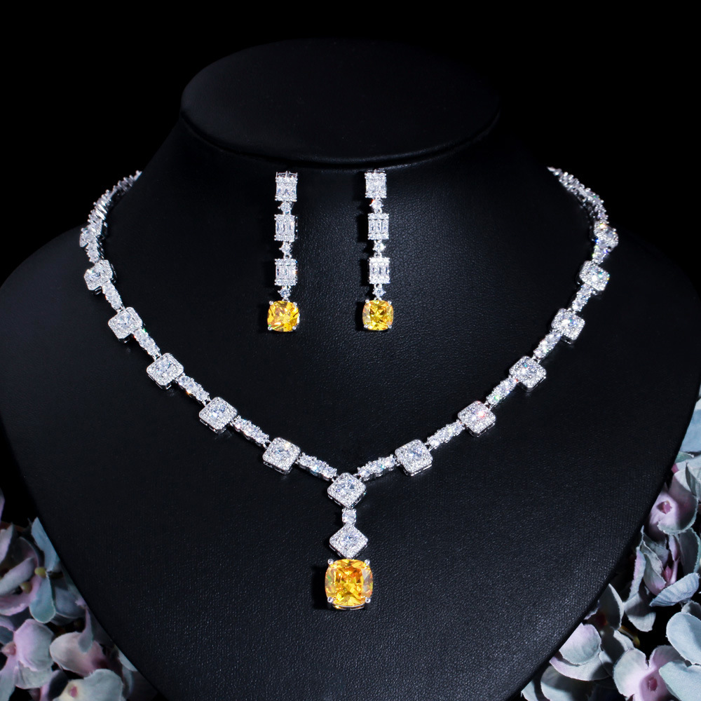 Elegant Bridal Necklace Earrings Set for Overseas Cross-Border, Diamond Necklace Earrings Set for Wedding Dress Formal Event Matching
