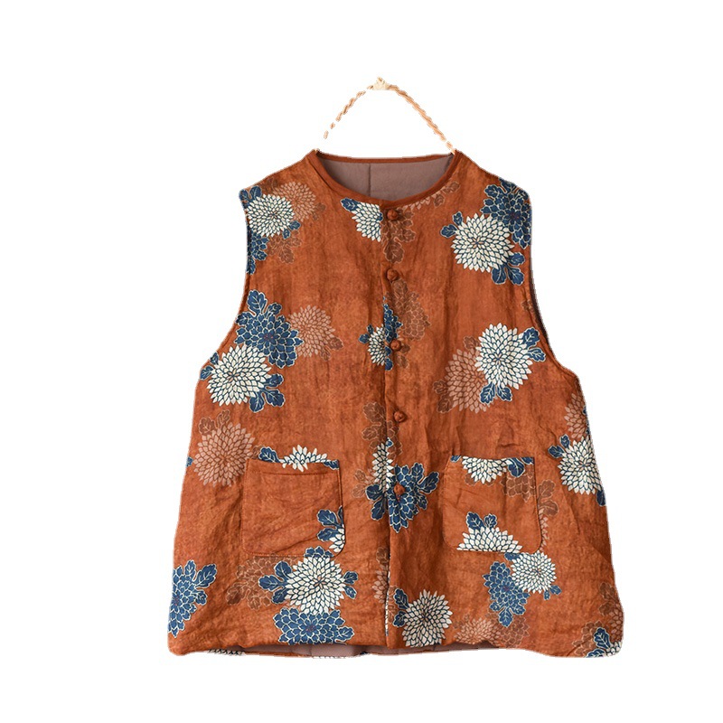 4026 Original fait maison femme Guofeng vintage coton rembourré veste gilet automne et hiver ramie imprimé boucle coton gilet_voghion.com