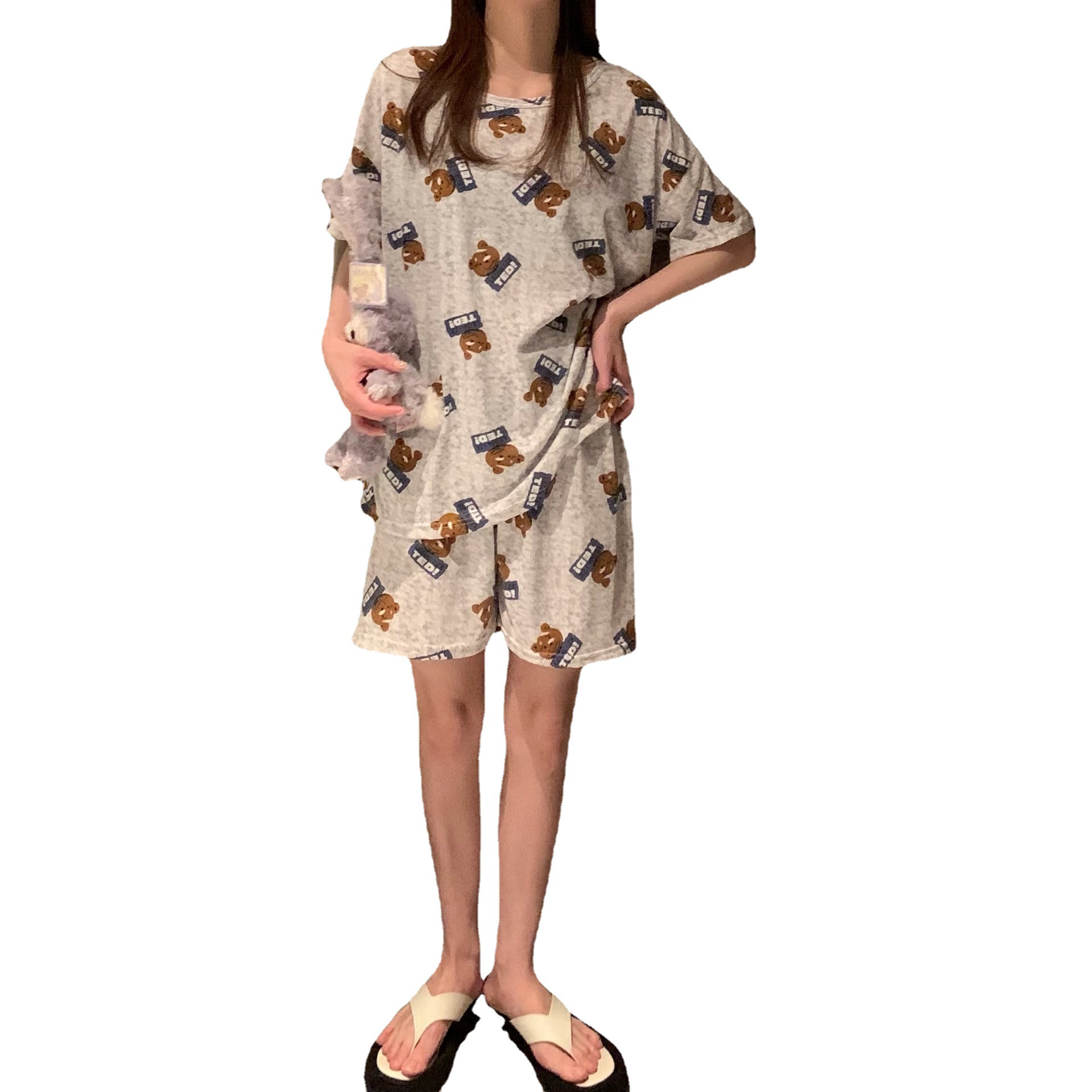 Pajamas Women's Summer Loose Plus Size Sweet Cute Short Sleeve Shorts for Students Korean Style Outwear Home Clothes Suit