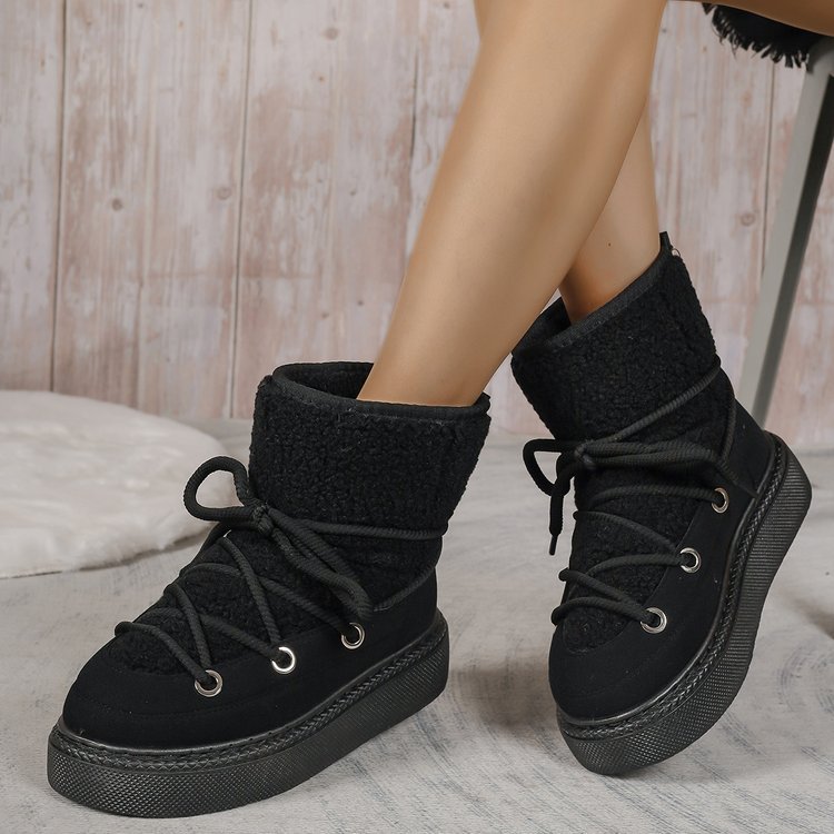 Plus-size chunky-soled, cross-strap snow boots—autumn/winter thickened mid-calf style, offering warmth—women's footwear