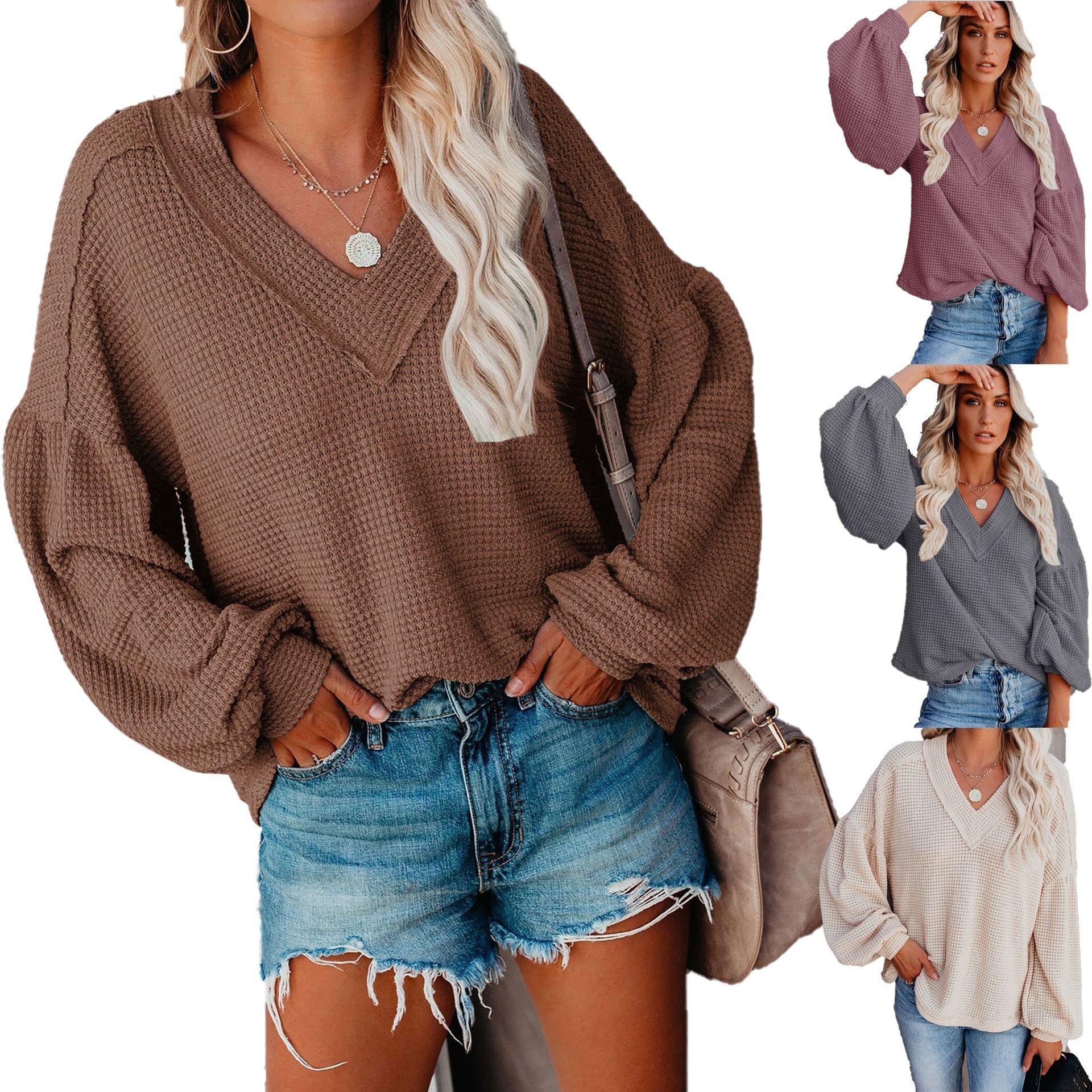 2023 autumn and winter new Amazon new European and American fashion women's loose V-neck sweater lantern sleeve top
