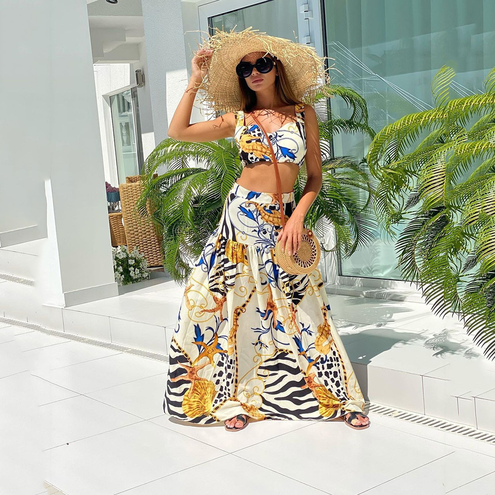 2024 cross-border spring and summer new European and American women's clothing sexy temperament strap printing dress suit beach dress two-piece suit
