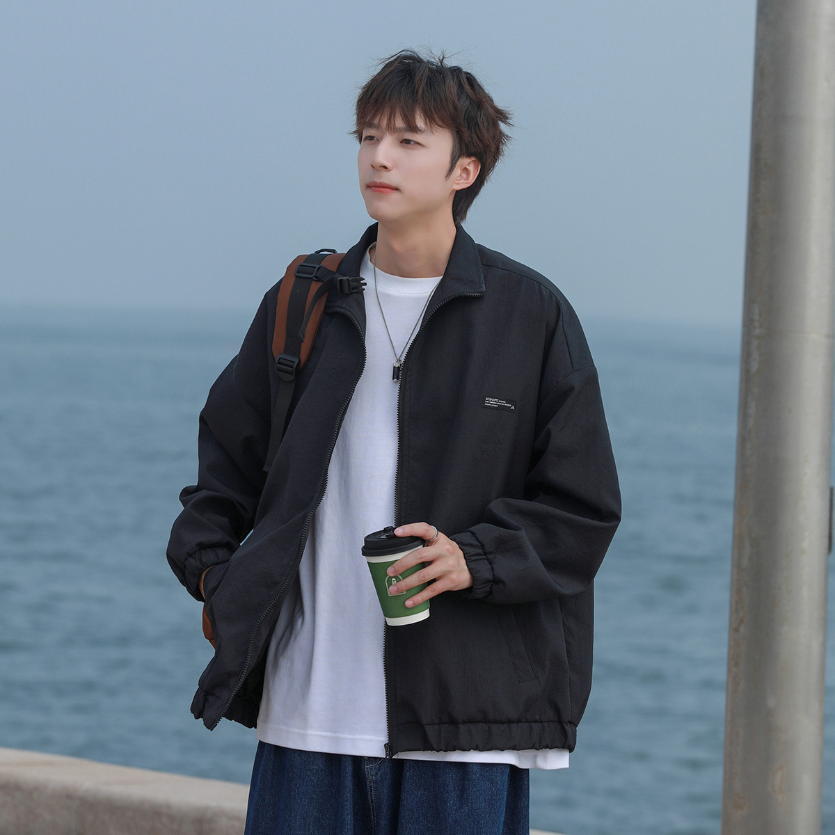 Stand Collar Jacket Men's Fashionable ins Hong Kong Style Simple Casual Top Spring Loose Fashionable Brand Duffy Coach Jacket