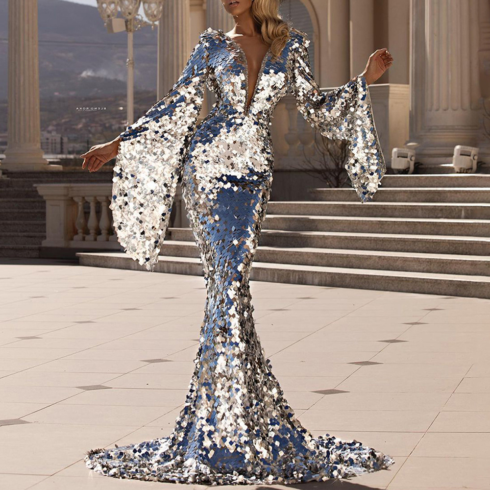 2024 Cross-border Spring New European and American Women's Sexy Sequin Dress Silver Banquet Dress Hip Evening Dress