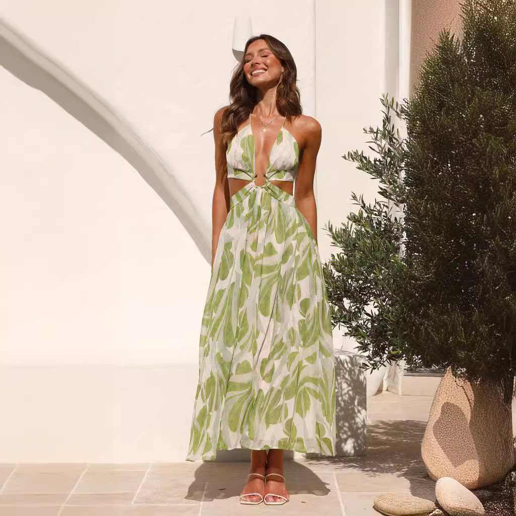 European and American cross-border Summer 2024 new women's V-neck backless lace-up printed large swing long dress