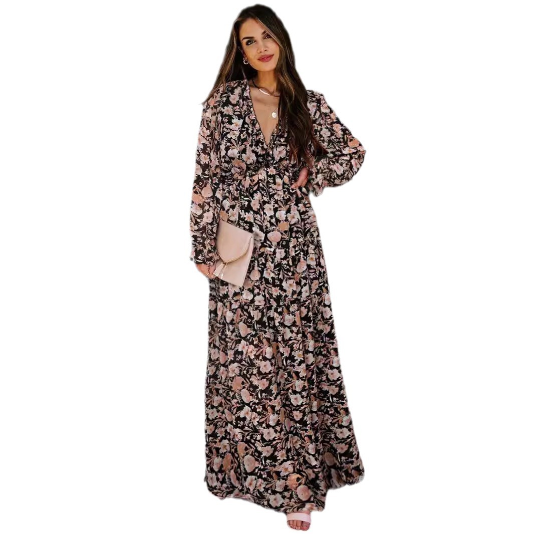 2025 cross-border new long sleeve European and American women's fashion printing fairy style long temperament evening dress dress
