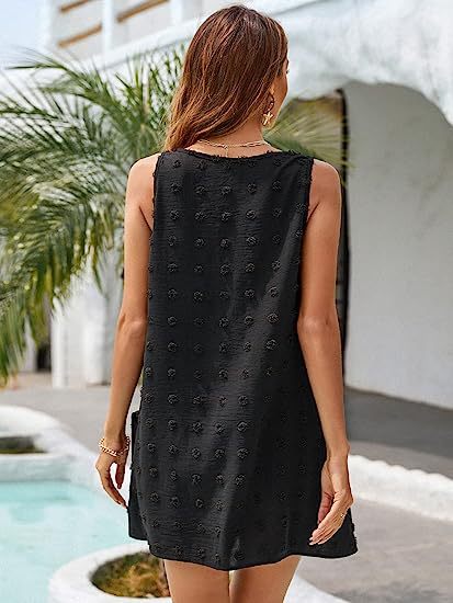 Amazon Women's Seaside Beach Blouse V-neck Loose Vest Sling with Pocket Fur Ball Jacquard T-Shirt Dress