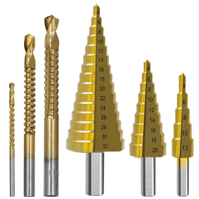Pagoda drill serrated drill 6-piece set 3-piece set titanium-plated pagoda drill woodworking hole reaming groove step drill suit