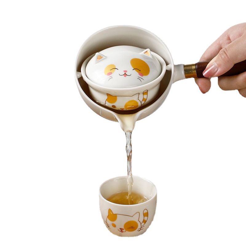 Rotating a Pot of Four Cups Travel Tea Set Accompanying Gift Tea Pot Household Ceramic Side Handle Pot Not Hot Lazy Tea Maker