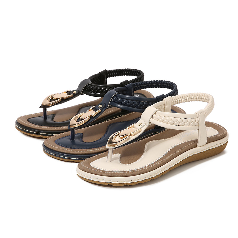2021 New Arrival Thong Sandals Women's Summer Non-Slip Thong Flat Gold Buckle Casual Korean Style Flat Heel Sandals for Women