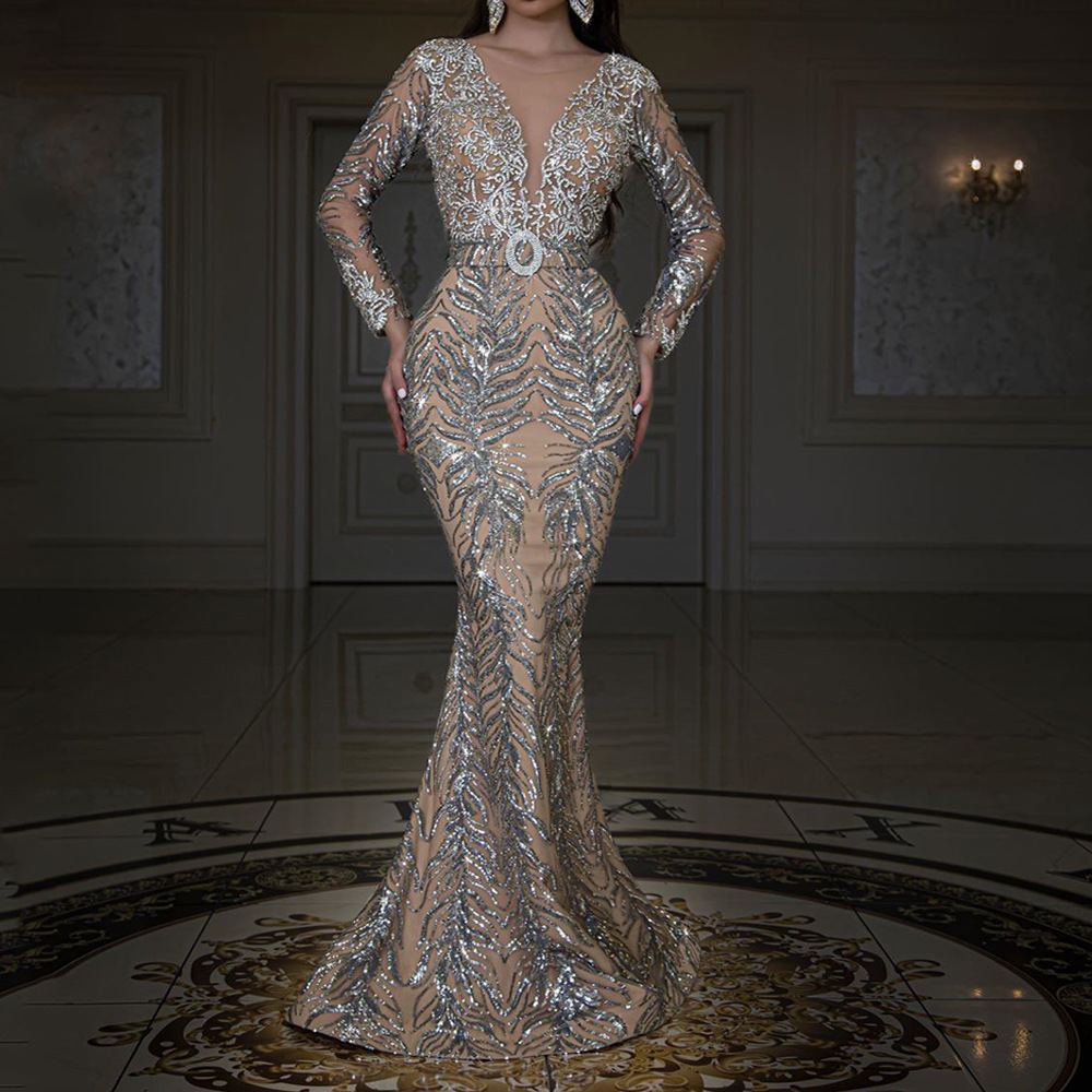 Spring 2023 New European and American Foreign Trade Women's Cross-border New Bronzing Long-sleeved Slim-fit Hip Sexy Long Dress Evening Dress