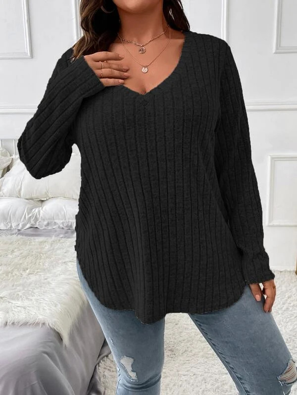 2024 Amazon autumn and winter new solid color plus size women's top V-neck long sleeve pit brushed T-shirt loose pullover