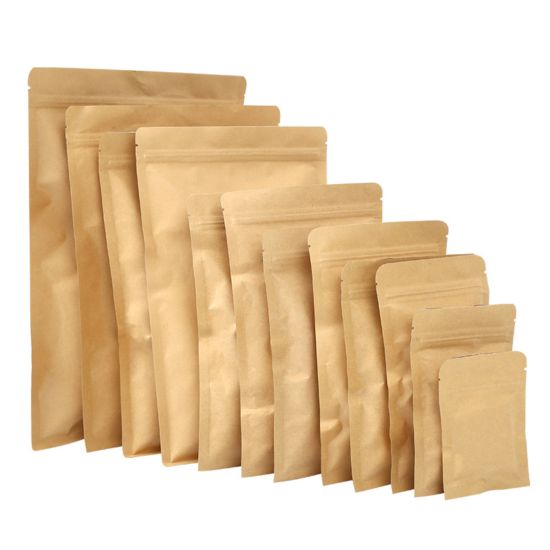 Factory spot kraft paper self-sealing bag self-supporting flat bottom aluminized plastic packaging sealed bag kraft paper bag printing