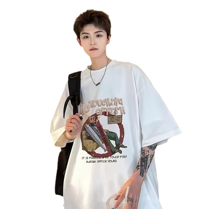  summer new Hong Kong style retro printed short-sleeved T-shirt ins trendy men's oversize loose bottoming shirt