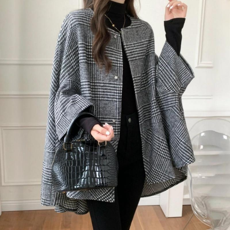 Mid-length cardigan round neck plaid coat cape for women 2024 autumn and winter New Korean style fashion trendy coat for women_voghion.com