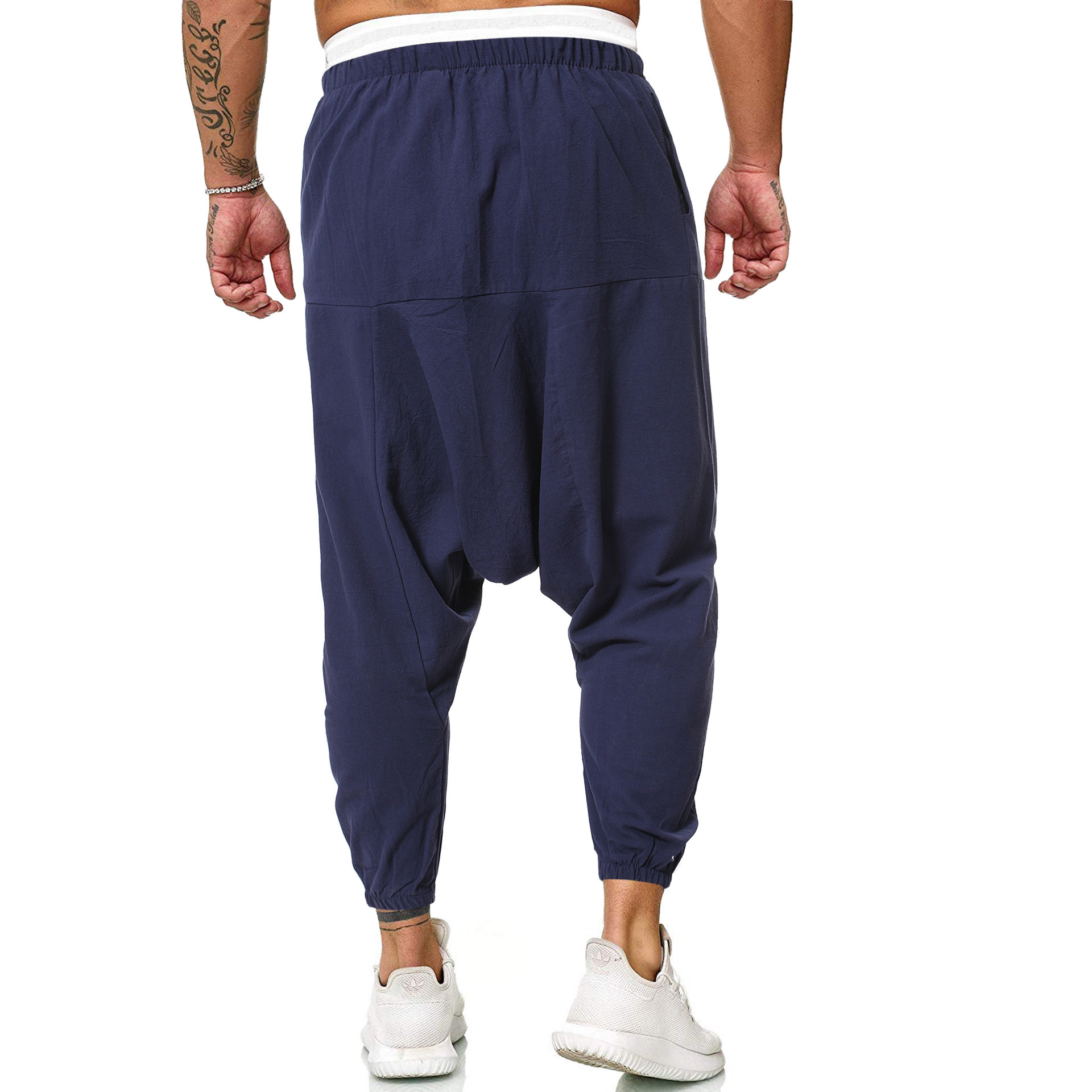 2022 Spring Fashion Cotton and Linen Chinese Style Trendy Men's Casual Loose Cross Pants Youth Large Size Solid Color Trousers for Men