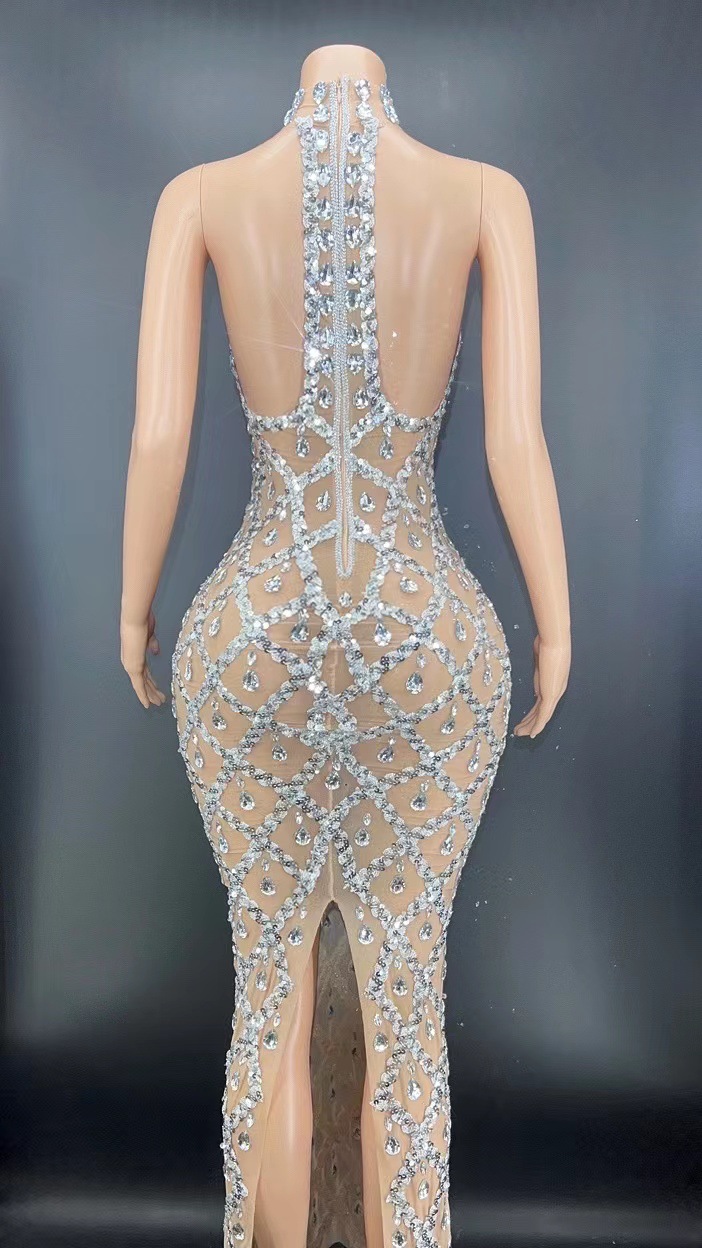 Cross-border Sexy Shiny Rhinestone silver dress plus size Women's Evening Dress Neck-hanging Fishtail Long Dress Sleeveless