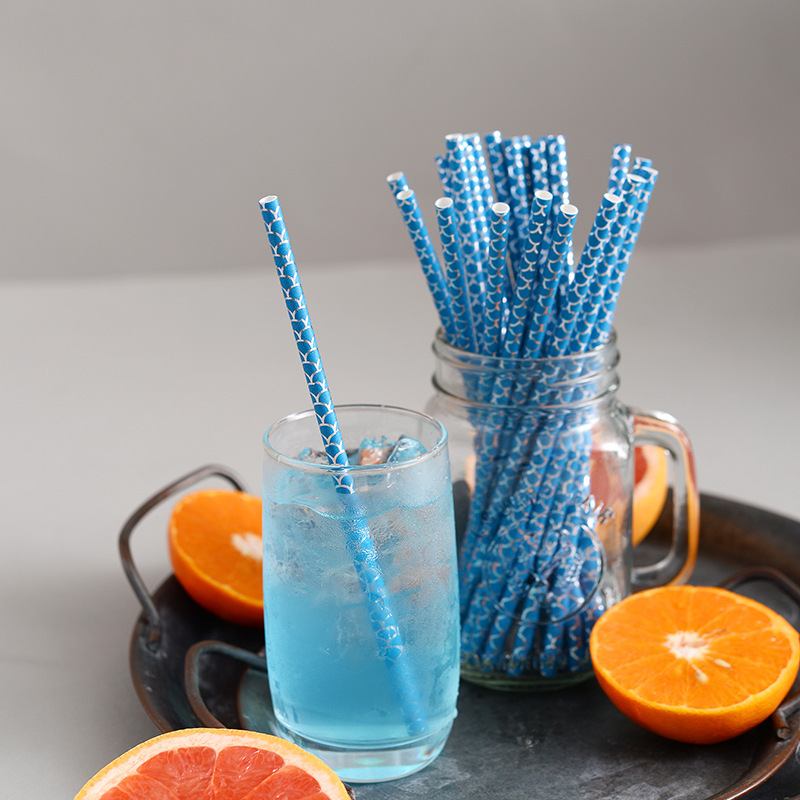 In stock party decoration straw degradable disposable juice drink straw hot silver mermaid tail paper straw