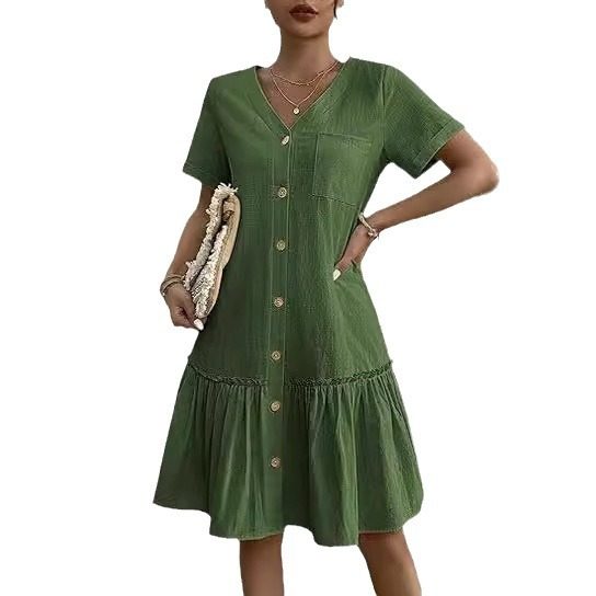 Women Button up Dress Loose Summer Cotton Linen Dress Ruffled Hem Casual Short Sleeve Dress