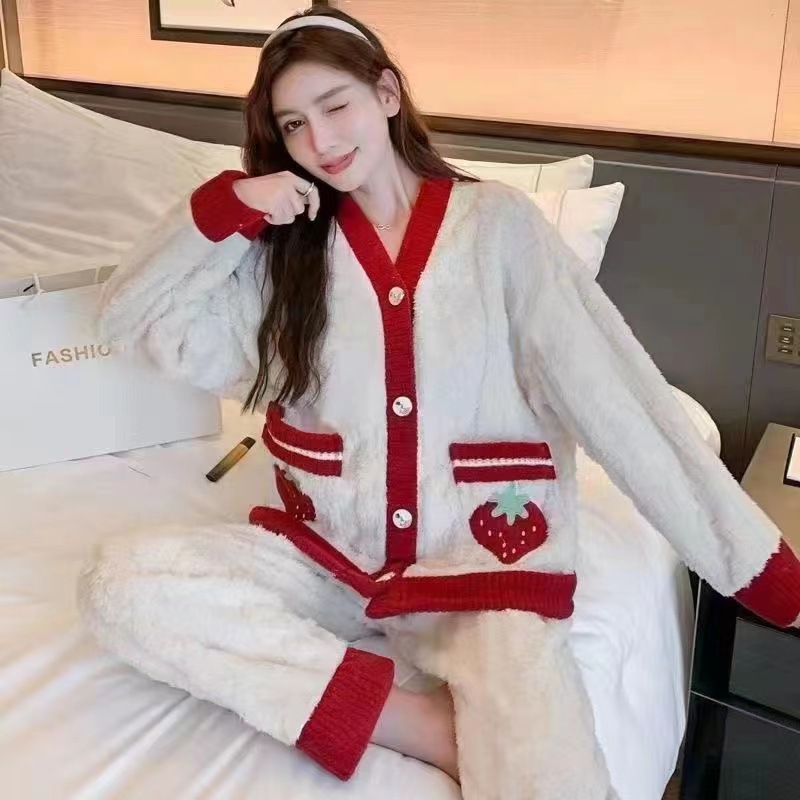 Coral fleece pajamas for women autumn and winter thickened warm suit strawberry bear pocket coral fleece home wear can be worn outside