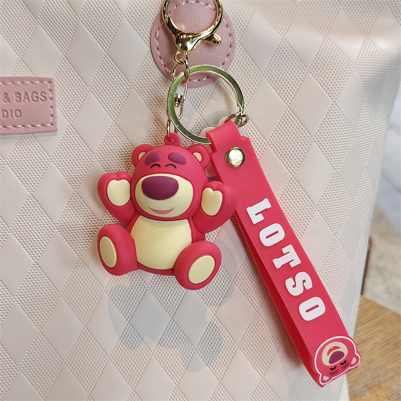 Strawberry bear cartoon silicone keychain bear doll pendant car key chain ornaments doll machine gift wholesale