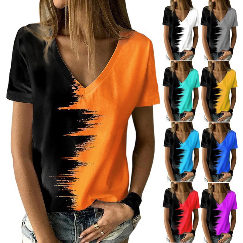 Summer 2024 plus size women's contrast color top new V-neck short sleeve women's T-shirt