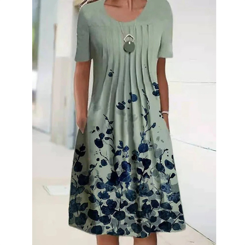 2023 Amazon Cross-border Summer New Women's Clothing Foreign Trade Explosions Round Neck Dress Floral Printed Dress Women