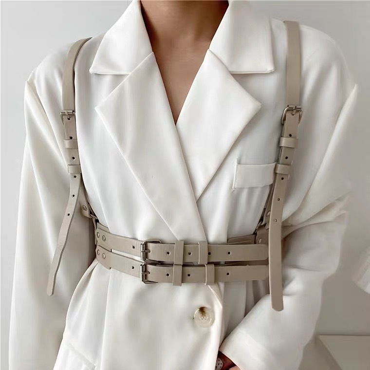Punk Style Double Shoulder Strap Leather Vest Waist Seal Outer Wear Strap PU Belt Women's Matching Suit Coat dress