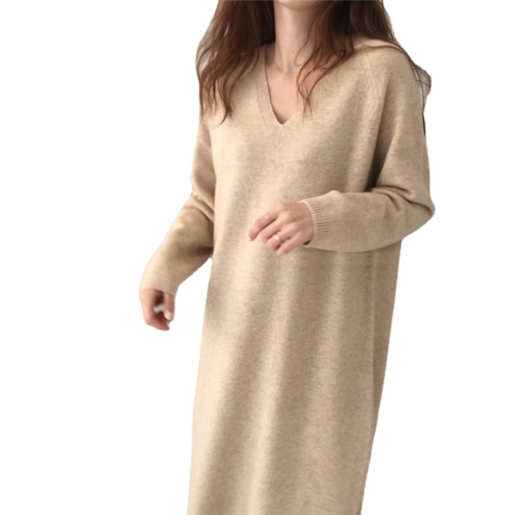 Korean style slimming V-neck chic style multi-color rabbit fur knitted dress long dress sweater loose