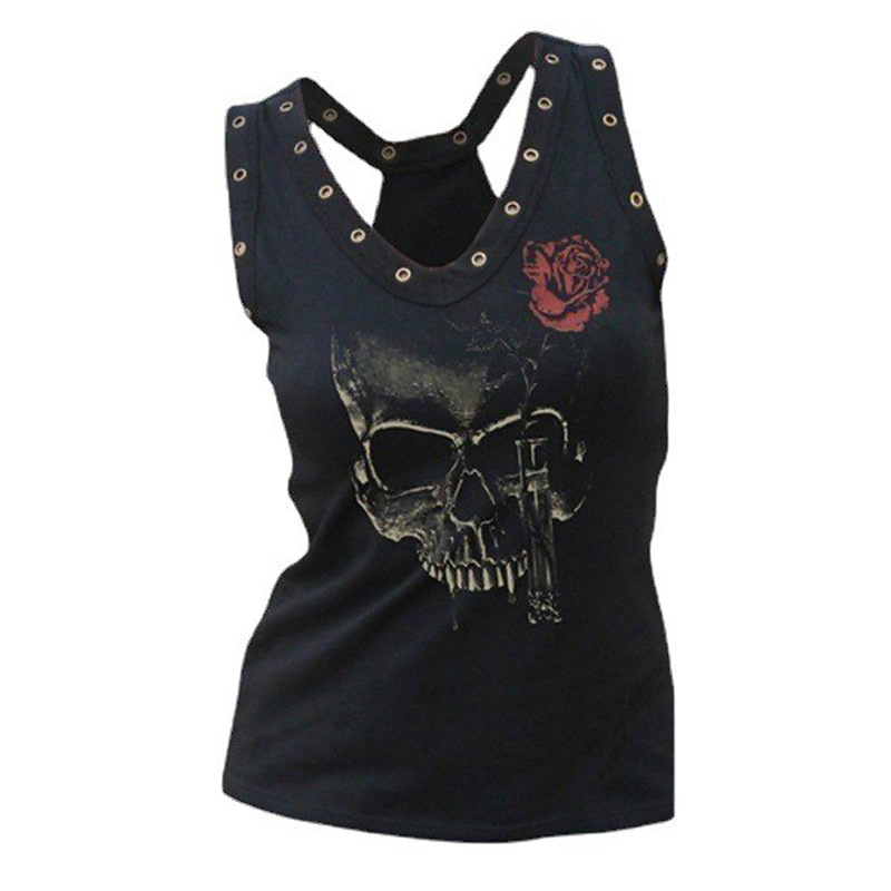 Ou Code Cross Border Spring and Summer Women's Black Vest New Skull Rose Print Dark Style Sleeveless Top