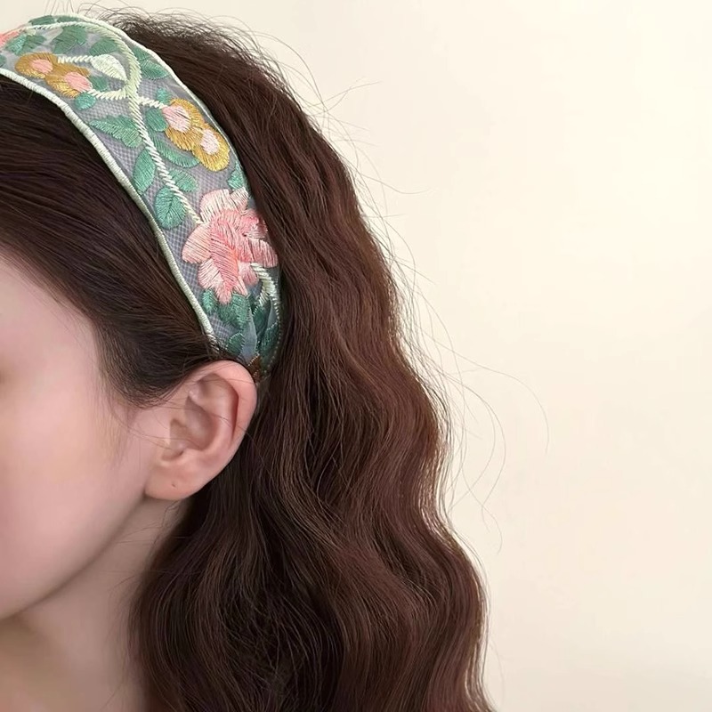 New Chinese Embroidered Flower Headband Women's High-end Ethnic Style Floral Cotton Linen Fabric Wide-brimmed High Cranial Top Head Hoop