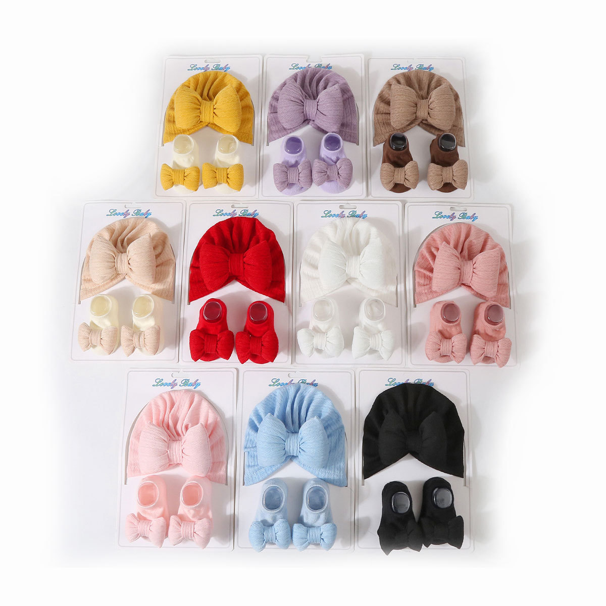 2024 newborn knitted cotton-filled big bow + knitted socks suit baby hat headscarf hat