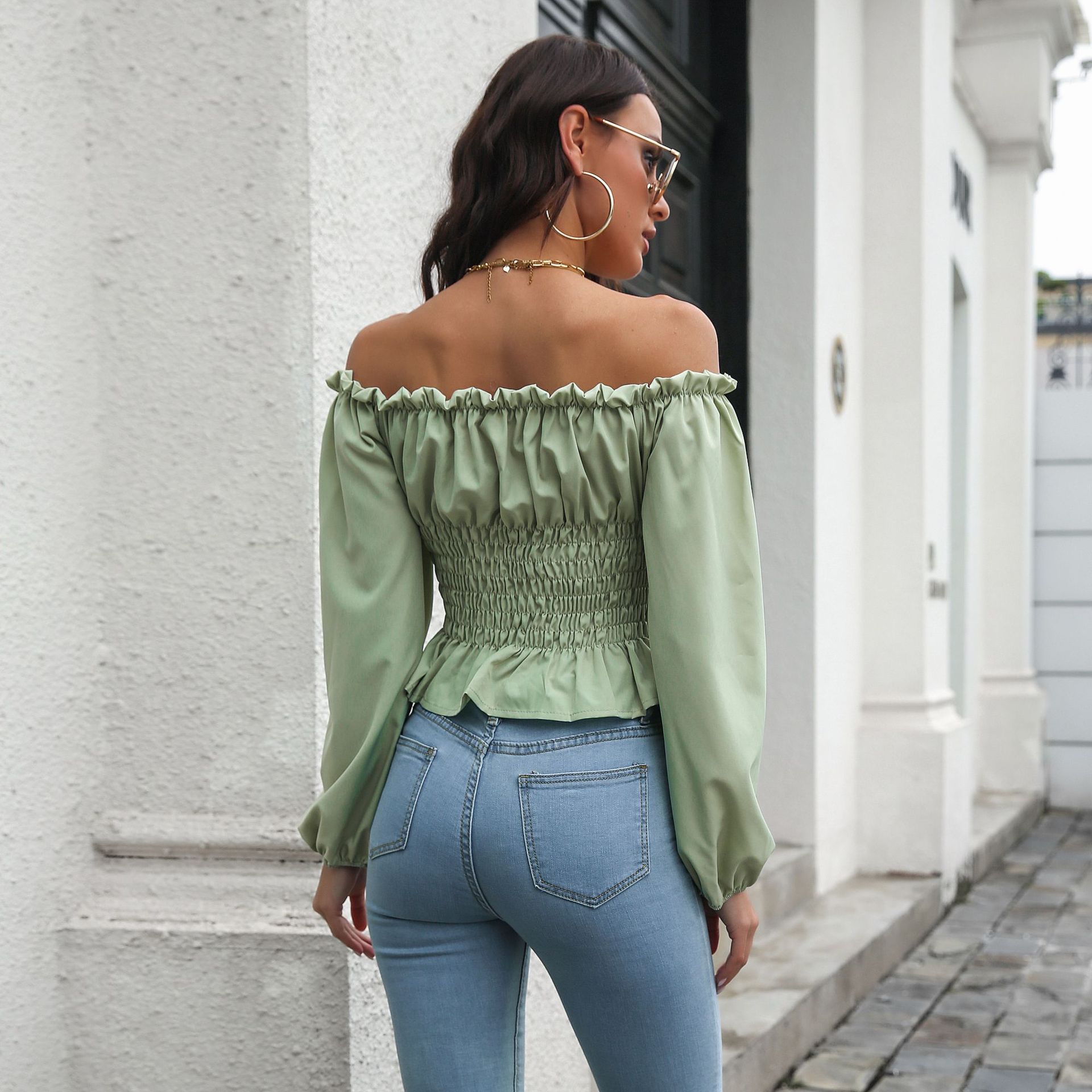 Independent Station Explosions Front Strap Lantern Sleeve Off-line Collar Waist Tunic Short Top Women's Long Sleeve Chiffon Shirt New