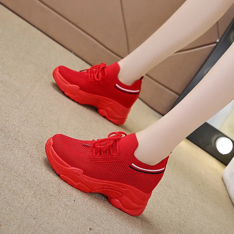 Hidden height increasing white shoes for women 2023 new spring flying woven mesh casual sneaker breathable platform daddy shoes summer