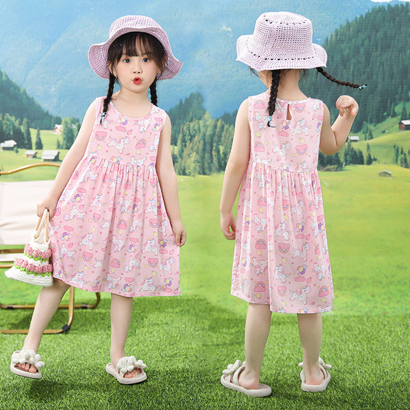 Girl's Dress Children's Clothing Home Clothes Baby's Cotton Silk Summer Pajamas Girl's Beach Princess Skirt mc