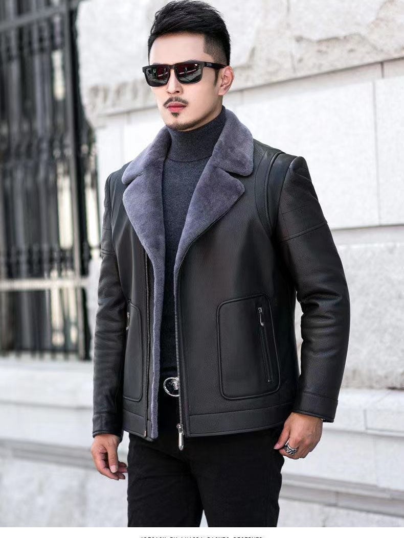 2023 Winter Haining fur integrated leather coat men's handsome slim fit short suit collar jacket fur casual jacket