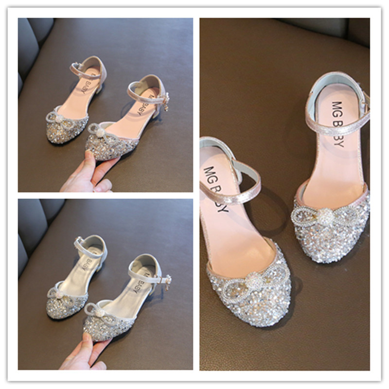 Girls Sandals Rhinestone High Heels for Girls Summer New Korean Style Toe Roman Shoes Performance Shoes Princess Shoes