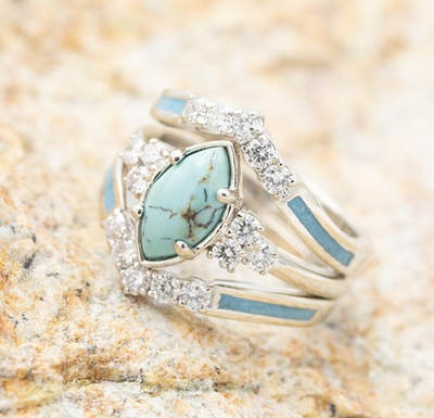 wish new jewelry European and American cross-border creative turquoise diamond three-piece women's ring ins bracelet