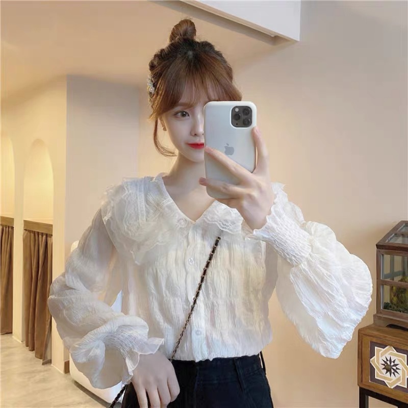 Very Fairy Top Sweet Age-reducing Doll Collar Chiffon Shirt Women's Spring and Autumn Design Sense Small Foreign Style Inner Shirt