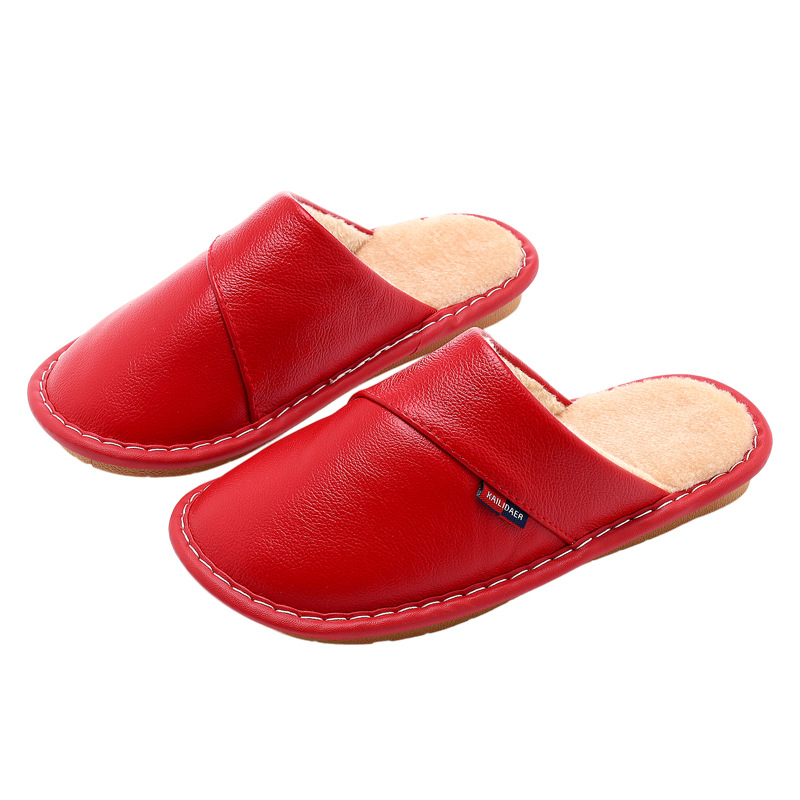 Autumn and Winter Genuine Leather Slippers for Men and Women Home Indoor Thick Bottom Non-Slip Waterproof Warm Cotton Slippers for Winter
