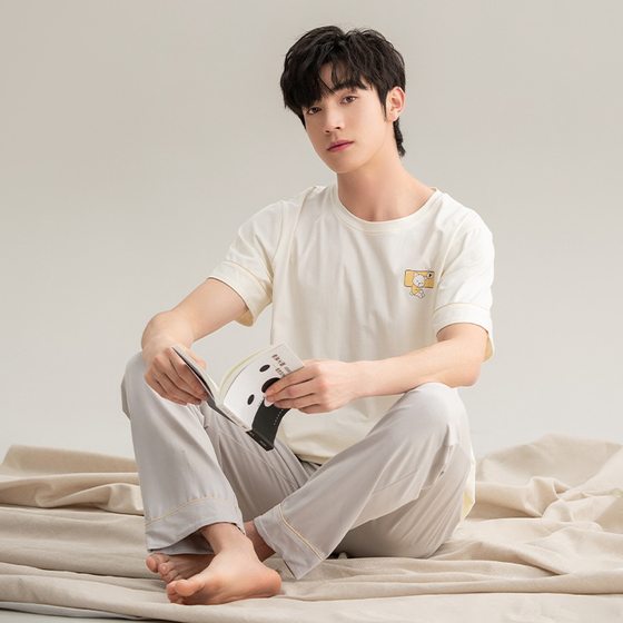 Men's pajamas men's summer short-sleeved trousers half-sleeved cotton summer suit boys British-style home wear spring and autumn